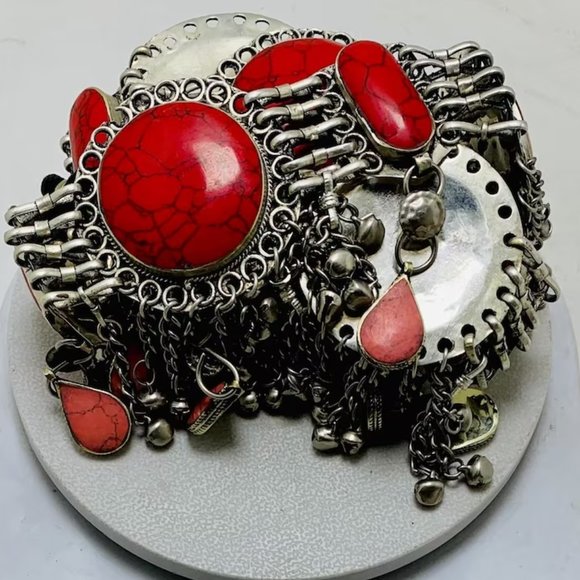 Vintage Kuchi Coral Stone Belly Dance Belt: Afghan Tribal Jewelry main image 7